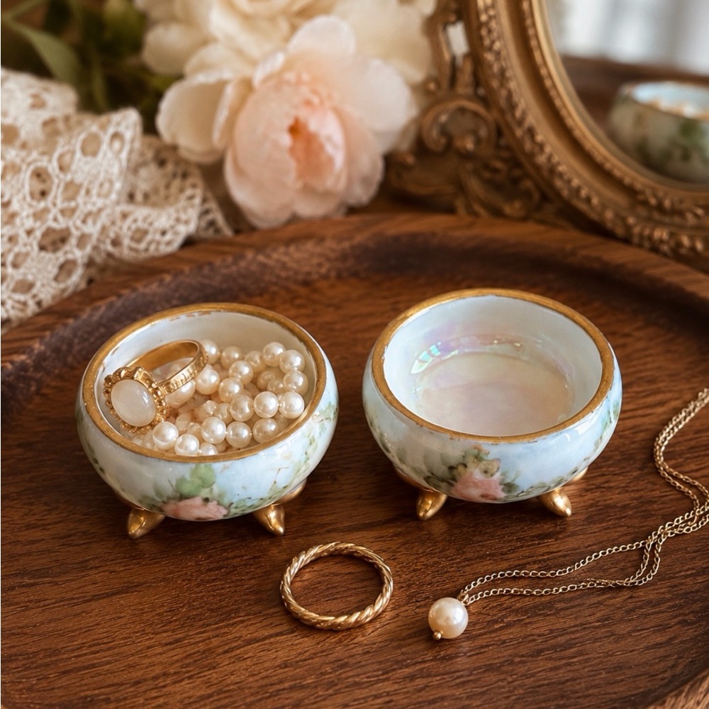 Vintage Trinket Dish Pair Bavaria Porcelain Salt Cellars Floral Gold Feet Rose